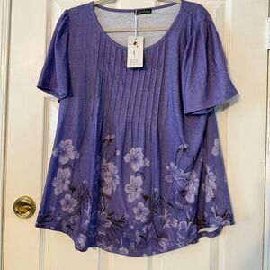 Ofeefan Purple Floral Pintuck Scoop Neck Tunic - Lightweight Everyday Top